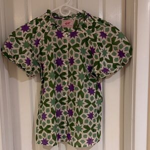 Banjanan Tammy Green & Purple Star-Pattern Puff Sleeve Button-Up Top